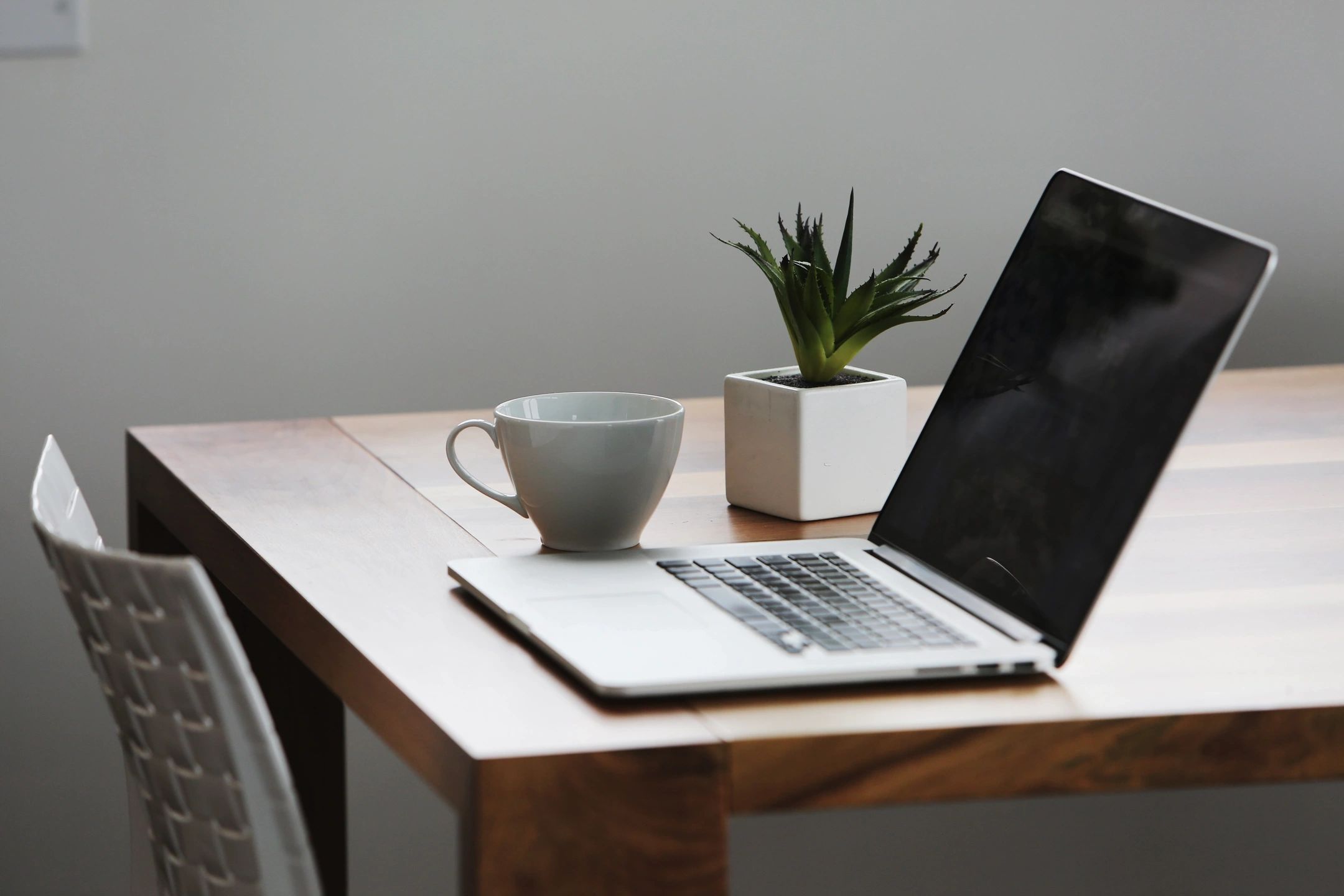 Bright home-office desk with a laptop and a potted plant
